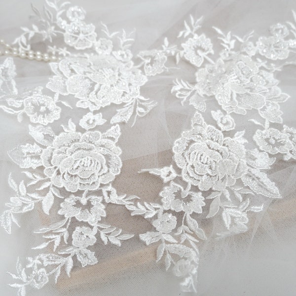 Rose Floral Embroidery Lace Applique Ivory Beaded Lace Applique Pair for Lyrical, Ballet, Bridal, Headbands, Sashes, Costume Design
