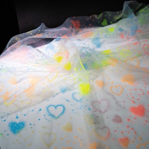 Hearts Fabric, Illusion Colorful Heart Stars Pattern Printed Tulle Fabric, Off white Tulle Lace Fabric for Gown, Dress, Veil, Headband