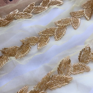 Gold Beaded Lace Trim, Beaded Leaf Applique Wedding Sash Trim, for Illusion Dress , Wedding Belt, Gowns Decoration, Straps