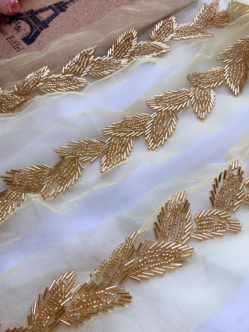 Gold Beaded Lace Trim Beaded Leaf Applique Wedding Sash Trim Etsy