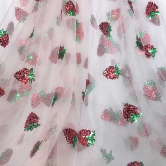 Strawberry Fabric, Strawberry Lace Fabric, Glitter Sequined Strawberry  Tulle Fabric 