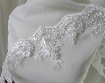 New Alencon Beaded Lace Trim In Ivory Scalloped Sequins Lace Trimming For Wedding Gowns, Veils, Dress 2 Colors