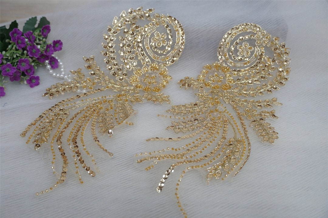 Gold Beaded Applique Beads Sequins Beaded Lace Applique With Etsy