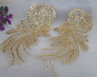 Gold Beaded Applique, Beads Sequins Beaded Lace Applique with Corded, Alencon Lace for Ballroom Dance, Costumes, Wedding Gown