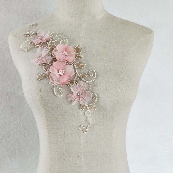 Pink Gold 3d Lace Applique, Corded Lace Applique, 3D Floral Embroidered Lace Applique for Wedding Dress, Prom Gown, Lace Garter
