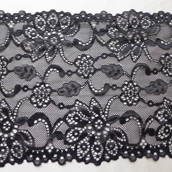 8.1" wide stretch lace trim in black for lingerie, leggings, woman headband, lace cuff