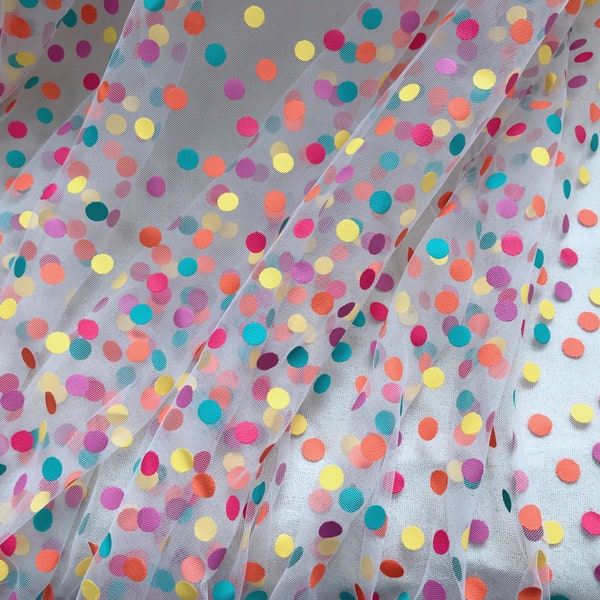 Soft Tulle Fabric, Rainbow Polka Dots Tulle Lace Fabric, Swiss Net Fabric and Printed Dots for Tutu Dress, Weddings, Veils, Girl Dress