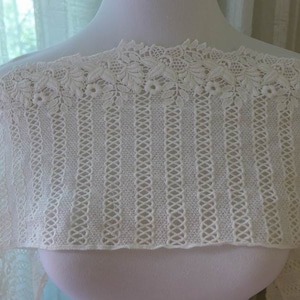 7.1&quot; Wide vintage cotton lace, crochet floral embroidery lace trim in off white for wedding gown, doll dress, sewing, home decor, costumes