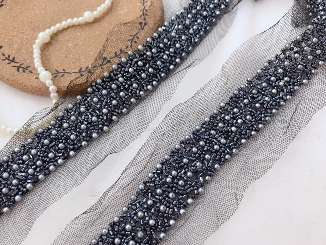 Navy Beaded Lace Trim Pearl Beading Trim With Mesh For Etsy