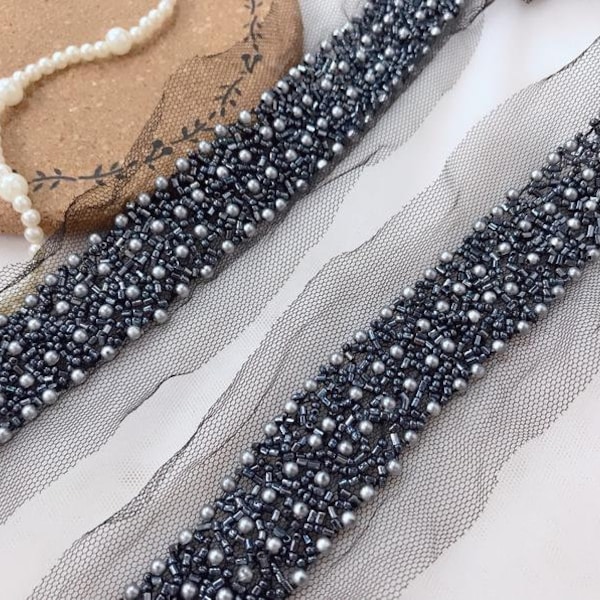 Navy Beaded Lace Trim, Pearl Beading Trim With Mesh, For Wedding Costume, Wedding Sashes, Belts, Beaded Jewelry Trim
