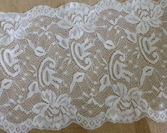 Off White lace trim, embroidery stretch lace fabric trim, elastic floral lace trim in white, 7.1" wide one yard