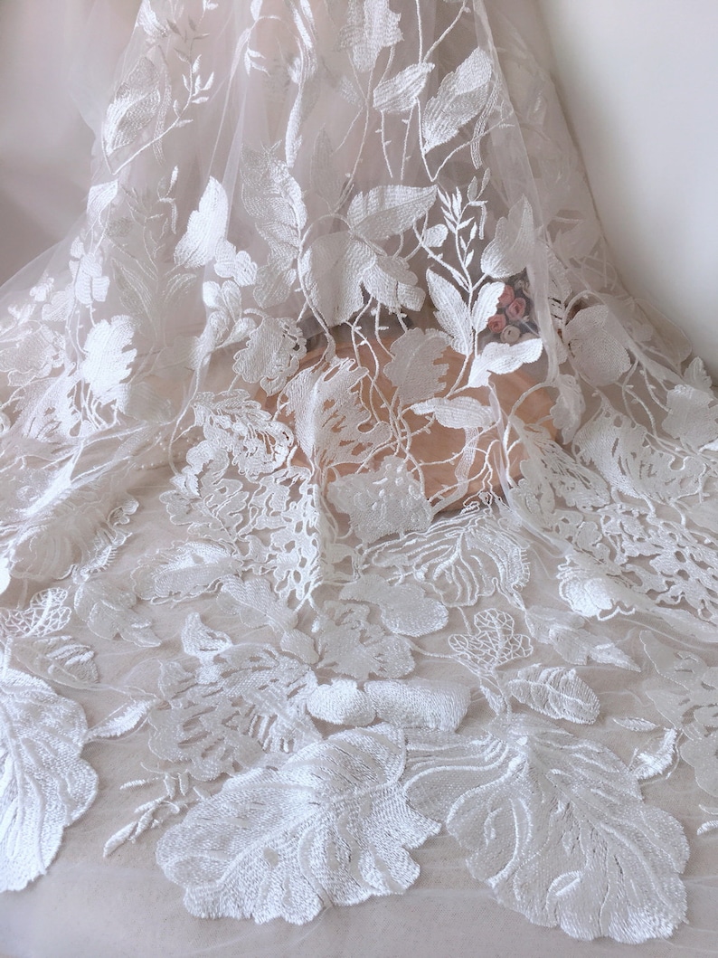 Ivory Leaf Floral Embroidered Lace Gauze Tulle Fabric for Etsy