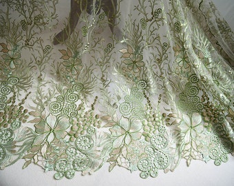 Green Gold Hollow Out Lace Fabric, Vintage Embroidered Floral Lace Fabric, Bridal Wedding Fabric New Design