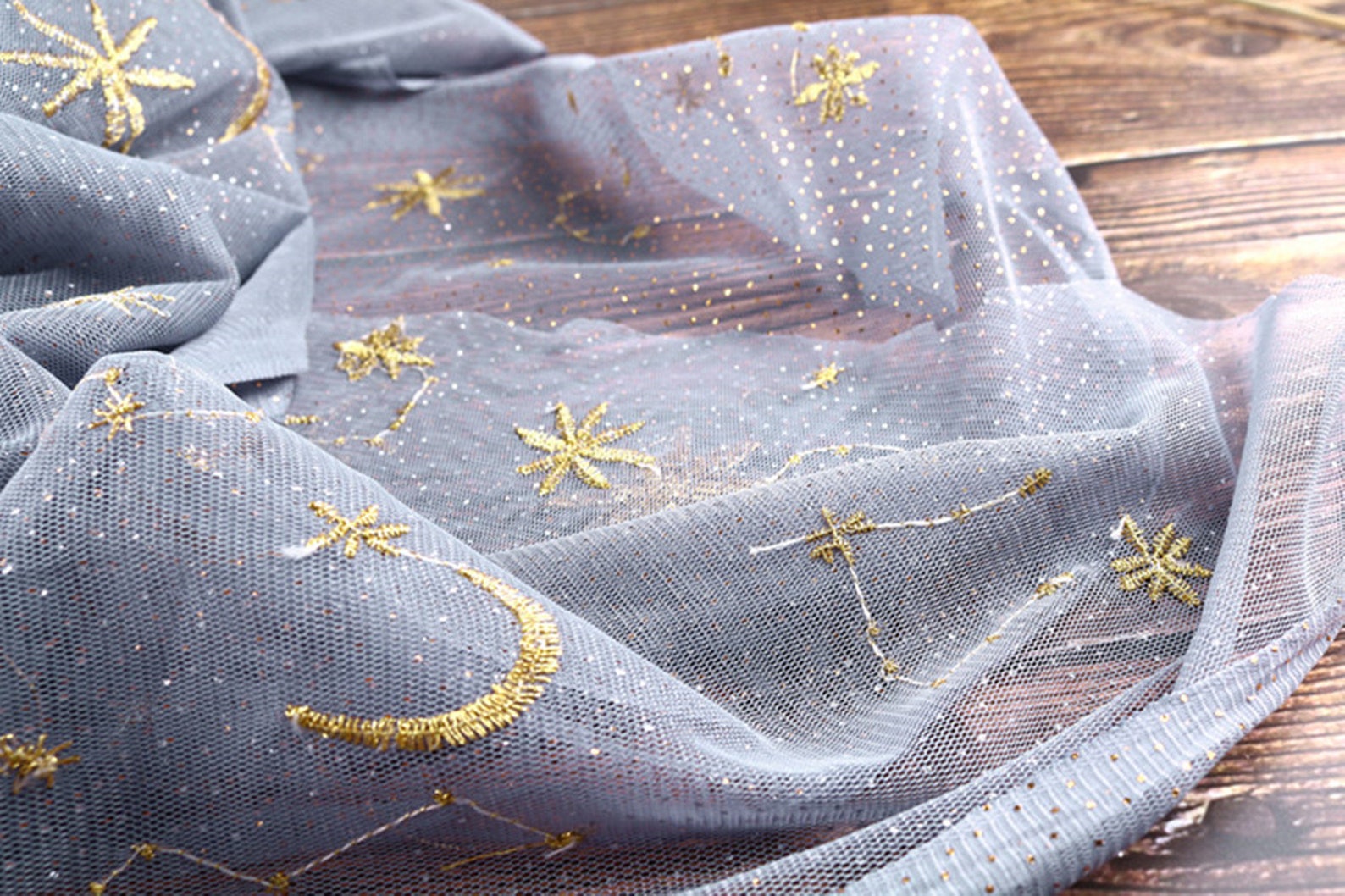 Embroidered Moon Pattern Lace Fabric, Gold Glitter Star Moon Embroidery ...