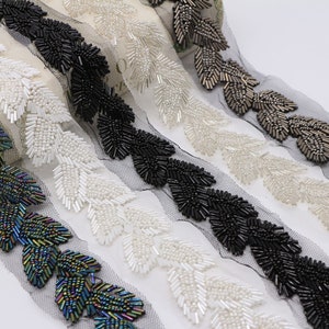 Delicate Beaded Trim, Leaf Beaded Mesh Trim, Ivory Beaded Trim Ribbon, Hairband Accessories, Bag Shoes Decor, Belt Trim, Garment, Crafts DIY