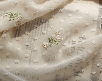 Dotted Chiffon Fabric, Polka Dot Lace Embroidery Flowers Chiffon Fabric for Outfits, Wedding Couture, Bridal Gown, By 1 Yard