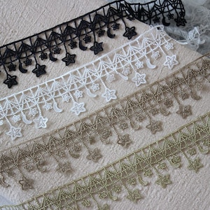 Renda com acabamento em estrela e lua, renda com acabamento em Veneza, renda com franjas em borla estrela para colarinho, colar, brinco, faixa de noiva, véu, por metro