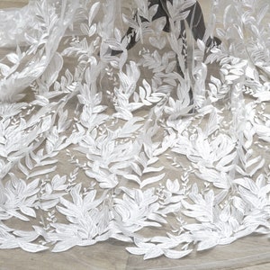 Elegant Large Leaf Lace Fabric, Off white Embroidery Lace Fabric, Wedding Dress Fabric Dress Veil Bridal Lace Fabric 51" Width