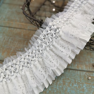 Stretch ruffle lace trim off white elastic pleated trim for doll dress, prom dress, dress decor, cuff, 1 Yard