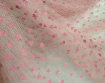 Illusion Tulle Sweet Heart Flocked Flocking Pink Heart Bridal Lace Fabric Wedding Fabric Baby Dress Fabric 59" width By the Yard
