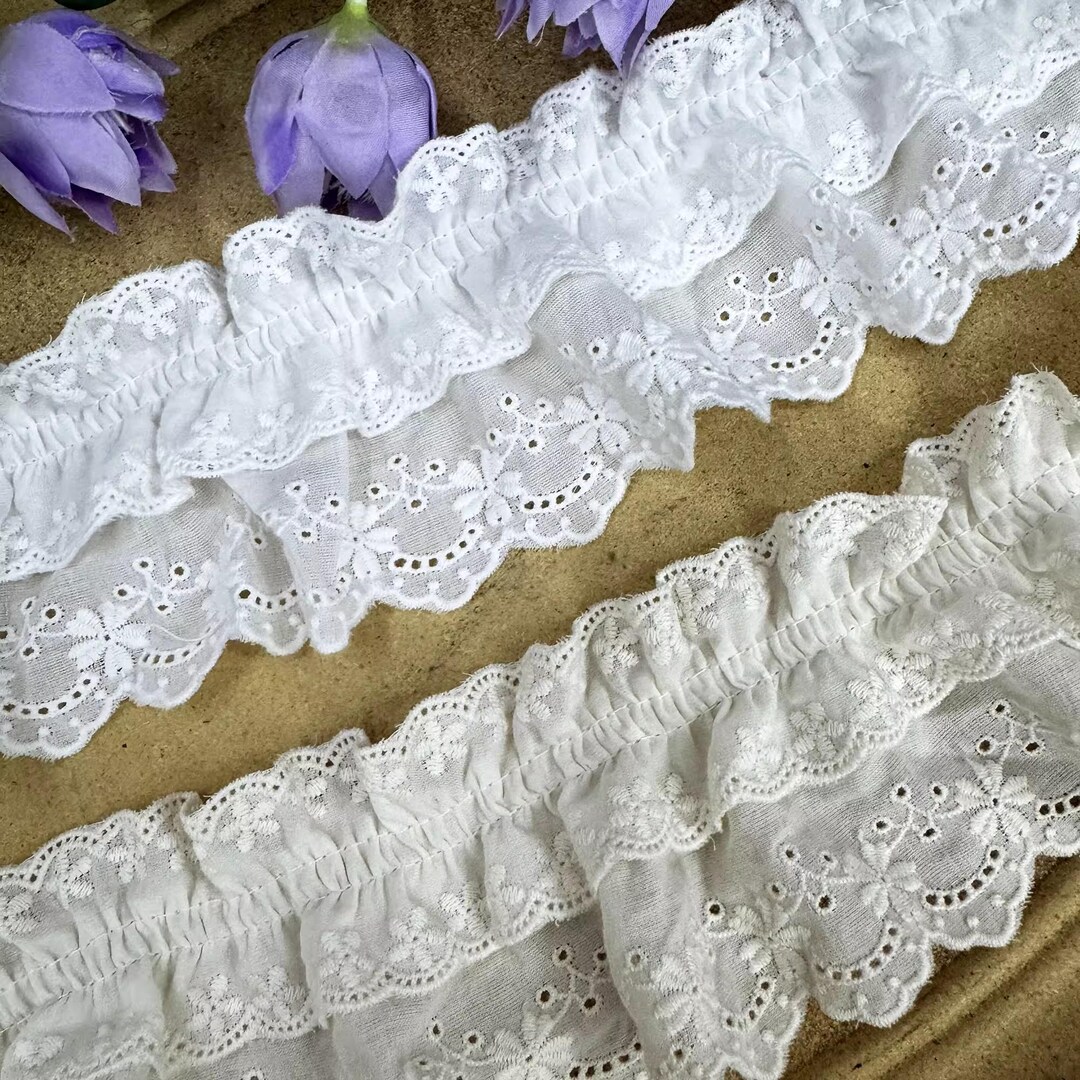 Layered Flower Ruffle Nice Pretty Ruffled Trim, 2-layer Flower Eyelets Embroidered Cotton ...