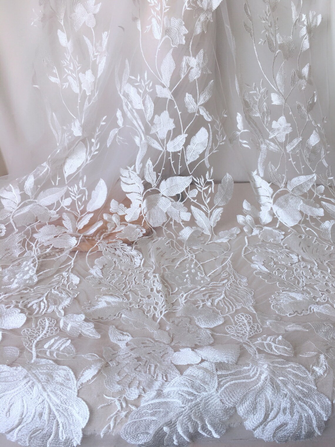 Ivory Leaf Floral Embroidered Lace Gauze Tulle Fabric for Etsy