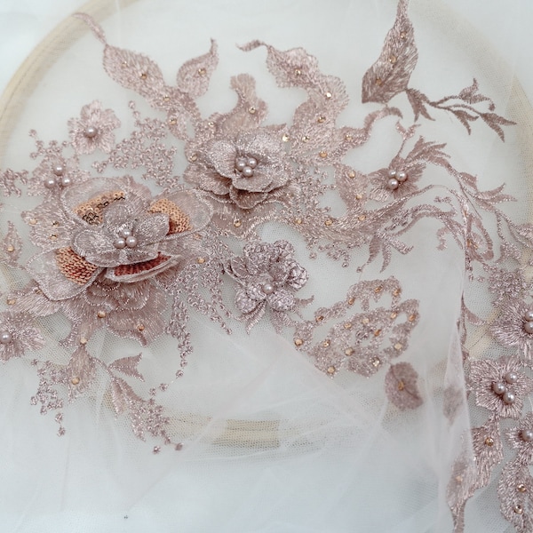 Dusty Pink Lace Applique, Exquisite 3D Floral Lace Applique, Beaded Bridal Applique, Embroidered Lace Applique with 3D Flowers