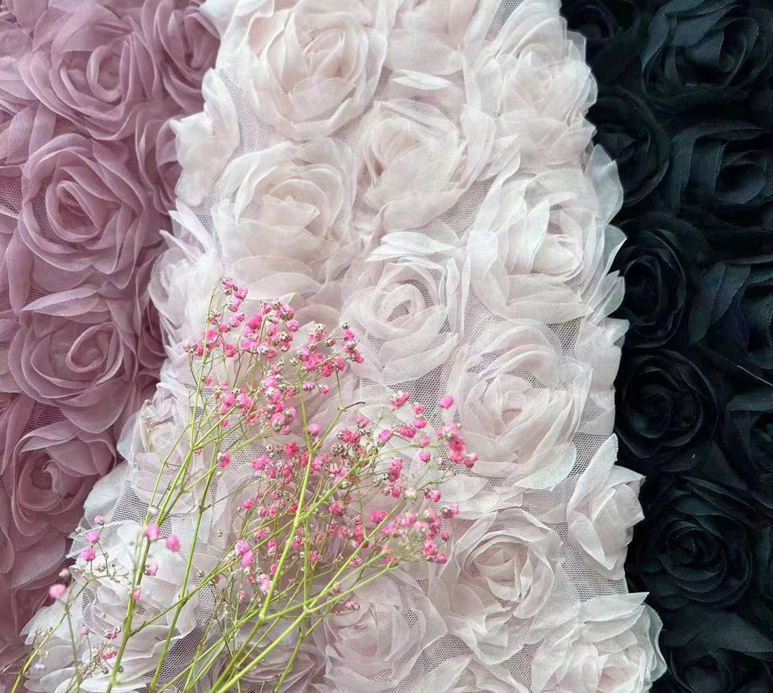 3d Blossom Roses Tulle Fabric , Floral Embroidery Fabric for Evening ...