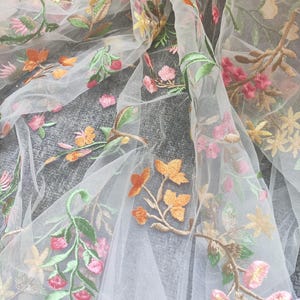 Colorful Embroidered Fabric, Tulle Mesh Floral Fabric, Flower Overlay Lace Fabric for Wedding Dress, Bridal Gown, Veils, Girls Flower Dress