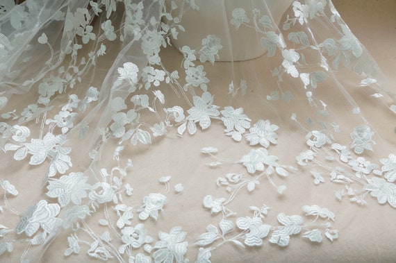 Boho Off white Embroidery floral Lace Fabric Bridal Lace Material Wedding Dress Fabric Soft Mesh Flower Lace Fabric By the Yard