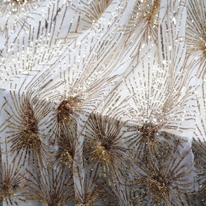 New Gold Sequin Lace Fabric, Radial Pattern Sequin on White Mesh Lace Fabric for DIY Wedding Dress, Evening Gown, Formal Gown, by 1 yard