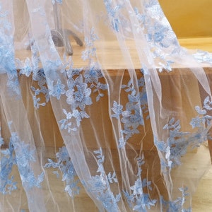 Sky Blue Floral Embroidery Lace Fabric, Embroidered Mesh Gauze Lace Fabric for Wedding Dress, Bridal Veil, Prom Gown, Party Decor, By 1 yard