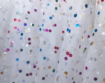 Off white Tulle Fabric, Rainbow Polka Dots Tulle Fabric, Colorful Polka Dots Mesh Tulle Fabric for Tutu Dress, Wedding Gown, Veils