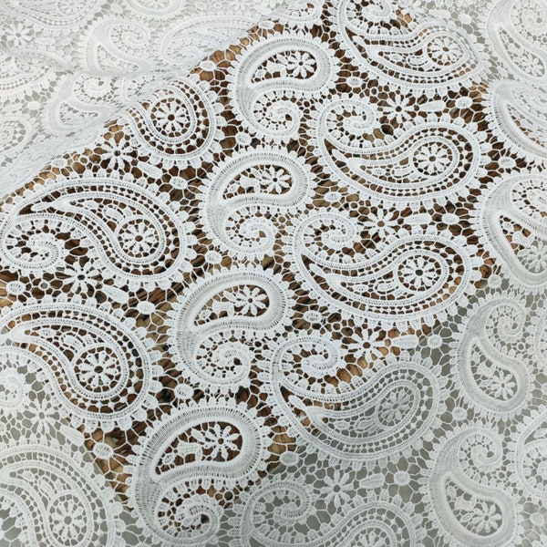 Stunning Heavy Guipure Lace Fabric, Hollowed Paisley Lace Fabric, Boho Bridal Lace Fabric for Bridal Dress, Prom Gown, Costume, By 1 Yard