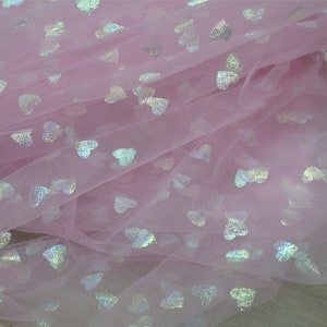 Soft Pink Tulle Fabric with Ombre Printed Hearts, Heart Prints Lace Fabric for Tutu Skirt, Wedding Decor, Backdrop, Veil, Dress