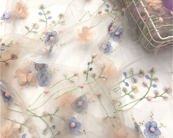 New 3D Chiffon Floral Pompon Embroidery Tulle Lace Fabric Wedding Bridal Gown Lace Girl Dress Fabric Sell By the Yard