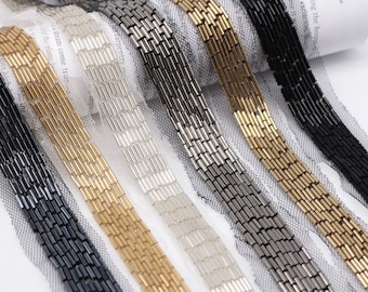 1.8 Yards Black Beaded Lace Trim With Mesh, Trim Lace For Bridal Sash, Gown Straps, Bridesmaids Belt, Rhinestone Hairband, Crafts Decor
