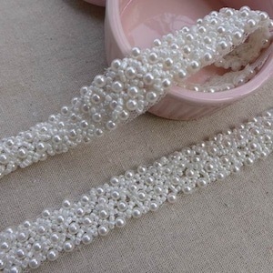 Exquisite Beaded Lace Trim, Pearl Beading Lace Trim For Bridal Sash, Wedding Gown Straps, Bridesmaids Belt, Hairband