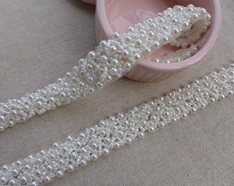 Exquisite Beaded Lace Trim, Pearl Beading Lace Trim For Bridal Sash, Wedding Gown Straps, Bridesmaids Belt, Hairband