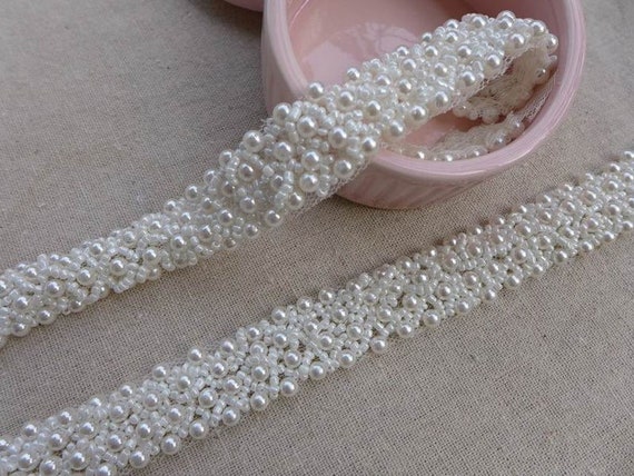 wedding dress trim beading Exquisite Beaded Lace Trim, Pearl Lace for Bridal Sash, Gown Straps, Bridesmaids Belt, Hairband featuring a smooth
