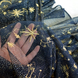 Embroidered Moon Pattern Lace Fabric, Gold Glitter Star Moon Embroidery Tulle Lace Fabric For Illusion Gown, Prom Dress, Couture Design