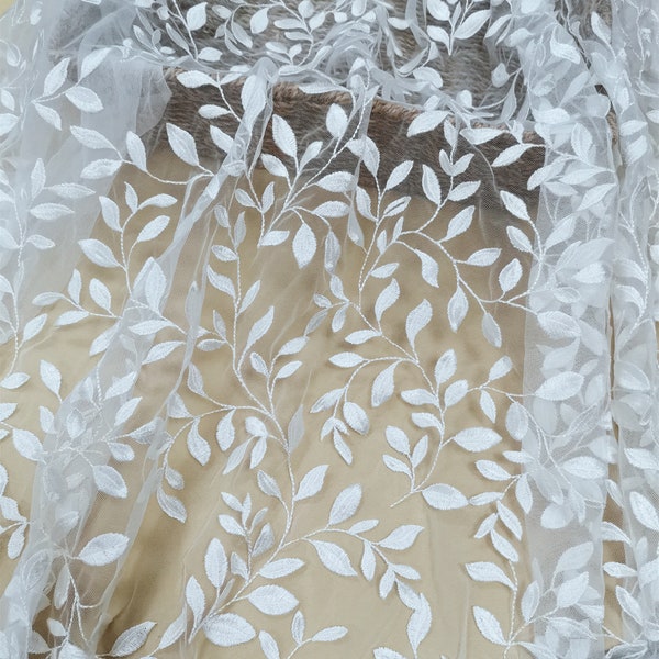 Exquisite Lace Fabric in Ivory, Illusion Leaf Branch Embroidery Lace Fabric, Overlay Heavy Embroidery Mesh Fabric, Prom Fabric, By 1 Yard