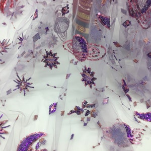 High quality purple sequin moon embroidery lace fabric in light purple tulle for cocktail dress, gowns, bridal veil haute couture costumes
