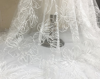 Sequins Embroidery Fabric, Off white Lace Fabric, Floral Embroidered Lace Fabric, Bridal Dress Fabric, Wedding Fabric, Prom Gown Lace 1 Yard