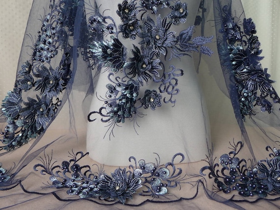 49 Wide Navy Blue Beaded Lace Fabric 3D Floral Embroidered Tulle
