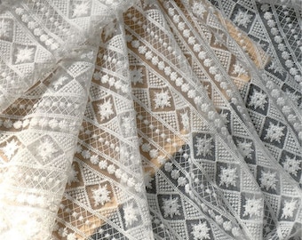 Exquisite striped lace embroidery fabric, cotton embroidery mesh lace fabric for curtains, tablecloth, summer clothing, boho bridal dress