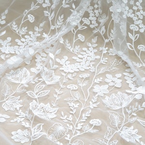 Ivory exquisite floral embroidery lace fabric with sequins, clear sequin lace fabric, bridal lace fabric, wedding dress fabric, by 1 yard