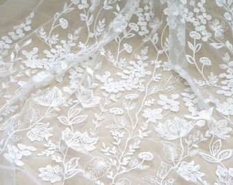 Ivory exquisite floral embroidery lace fabric with sequins, clear sequin lace fabric, bridal lace fabric, wedding dress fabric, by 1 yard