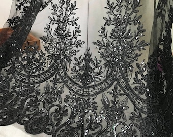 Exquisite Black Lace Fabric, Alencon Lace Fabric With Sequined, Corded Embroidered Floral Lace Fabric For Wedding Dress, Home Decor, Jacket
