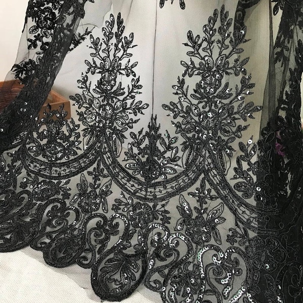 Exquisite Black Lace Fabric, Alencon Lace Fabric With Sequined, Corded Embroidered Floral Lace Fabric For Wedding Dress, Home Decor, Jacket